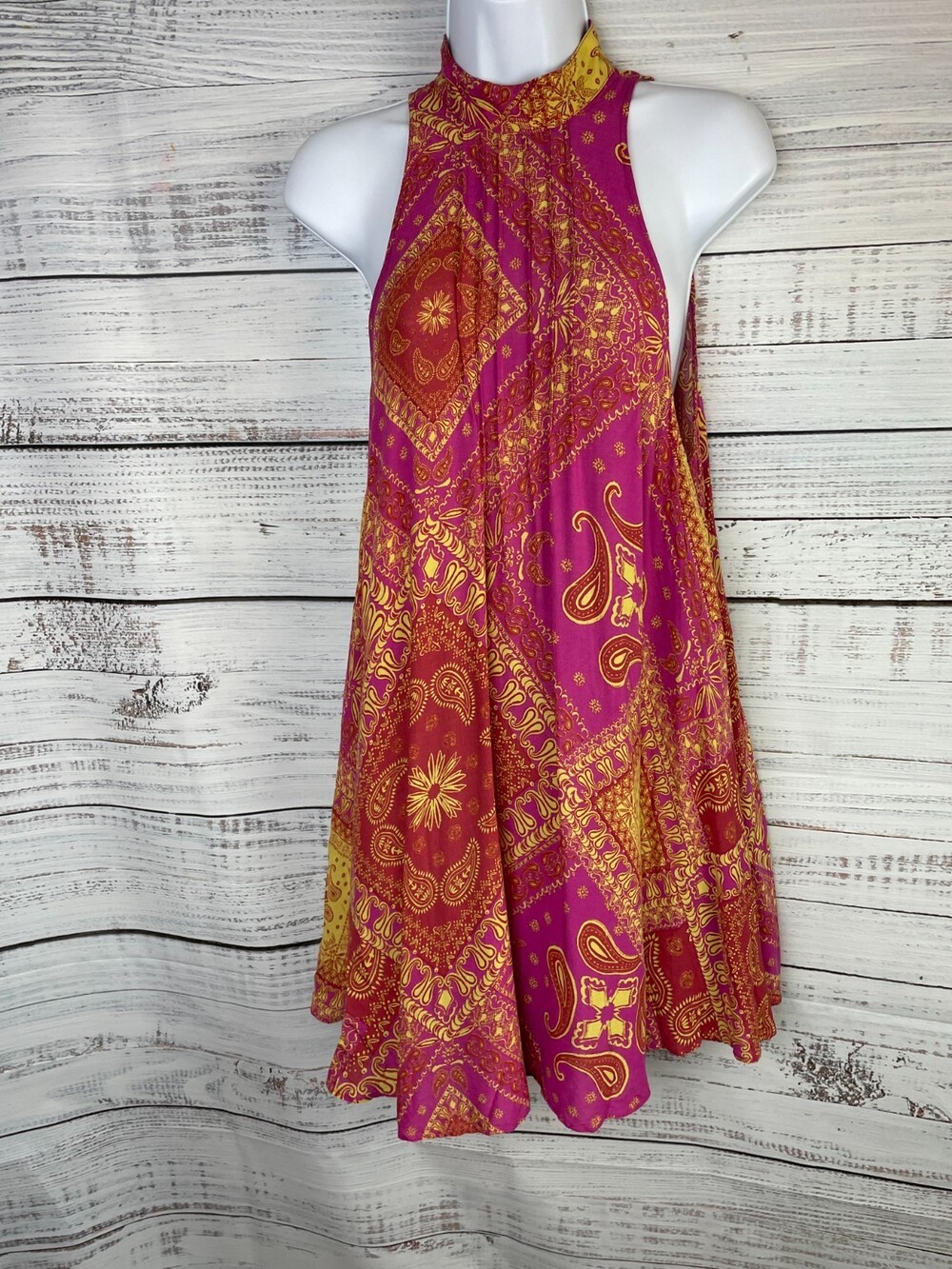 Free People Beaux Slip Women XS Halter Mini Dress Pink Orange Paisley Boho Open